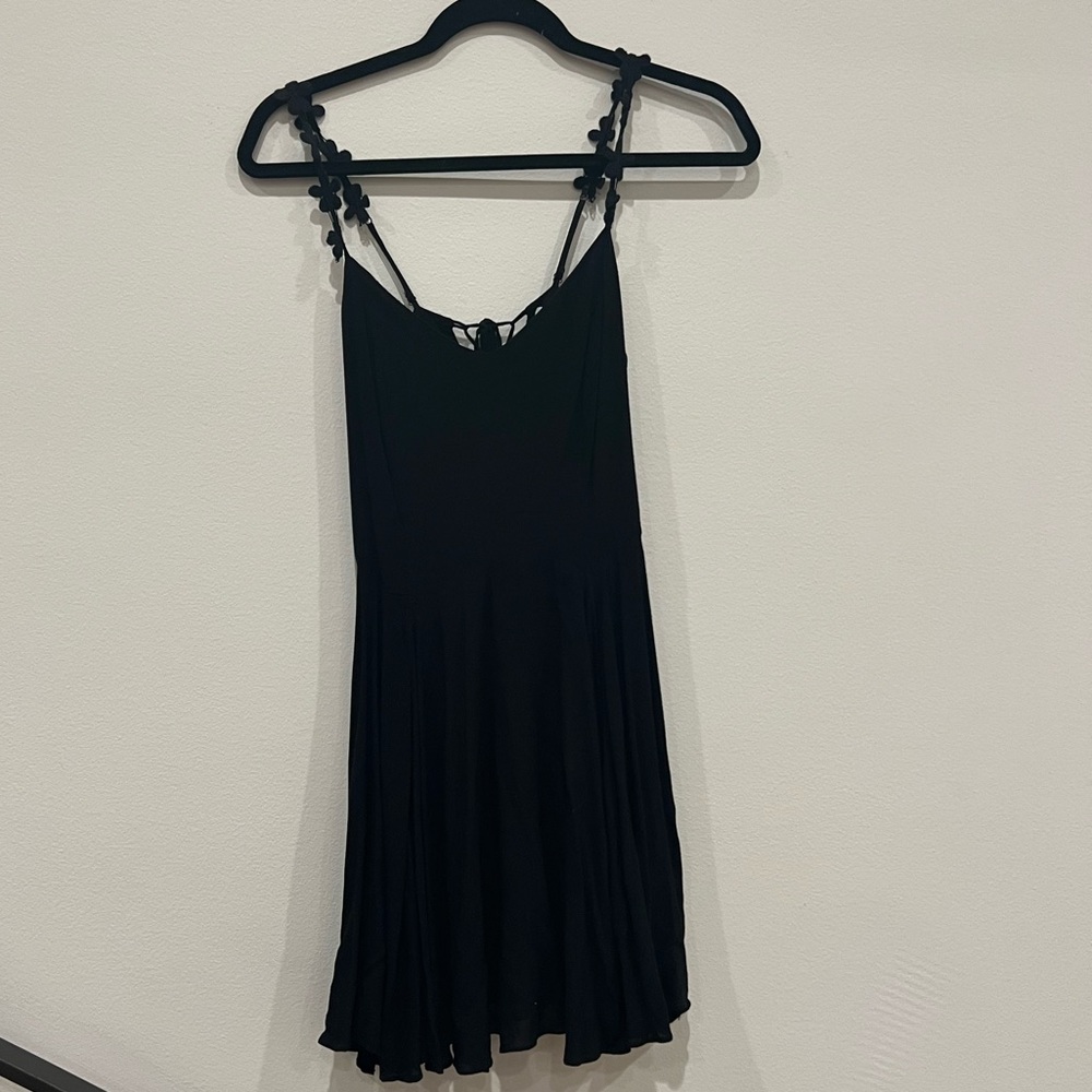 Beautiful Black Flowy Dress with Tie Up Back and Flower Detailing on Straps